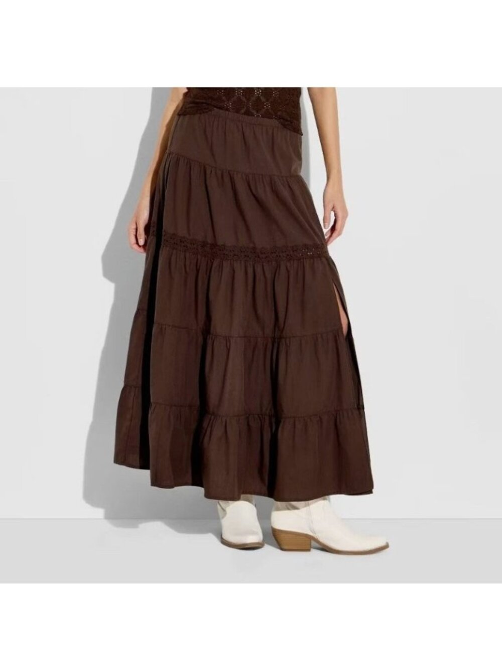 Wild Fable Women's Brown Tiered Maxi Skirt with Slit & Eyelet Trim Size Medium